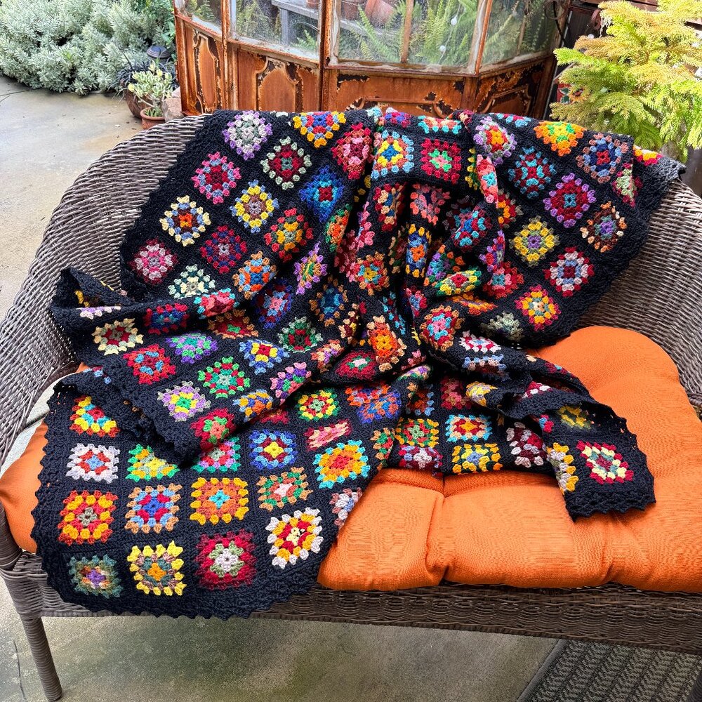 Hand Crochet Vintage Granny Squares Afghan Blanket Throw